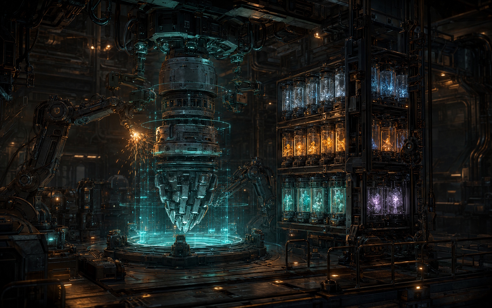 A drill head being assembled in a holographic cradle beside racks of labelled mineral lots