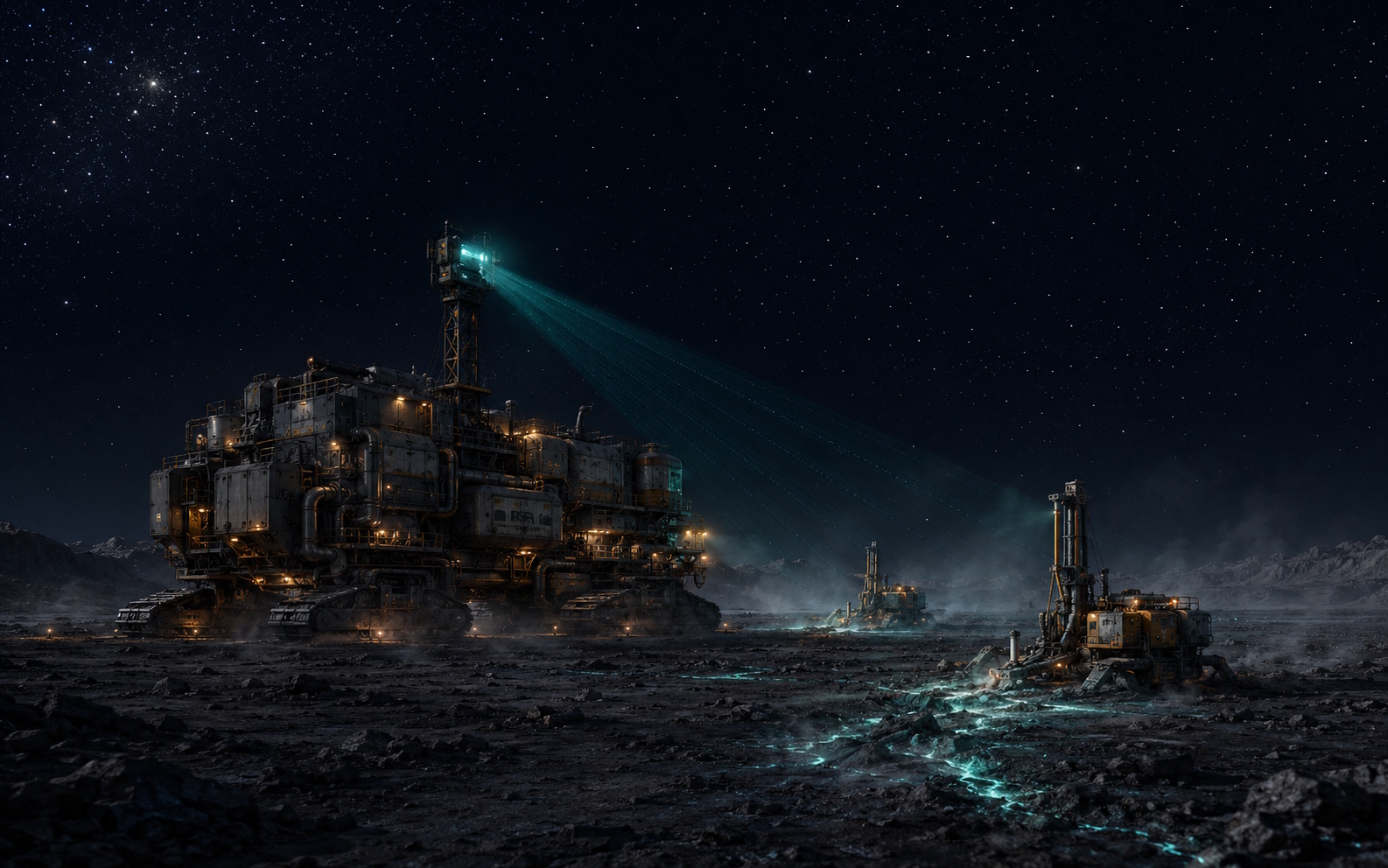 A Synth crawler and harvester rigs working a dark regolith plain under the stars
