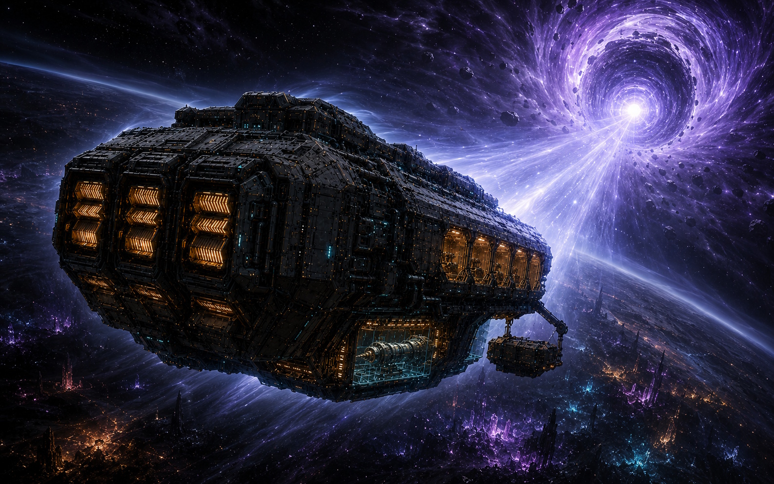 A Synth crossing toward a violet wormhole above an uncharted exotic galaxy